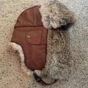 Rabbit Trimmed Leather Bomber Hat